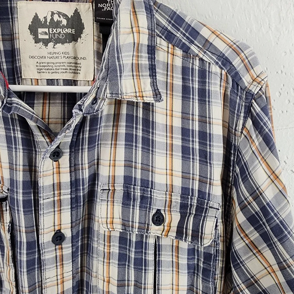 The North Face Mens Large Blue Orange Plaid Button Down Explore Fund Shirt ATUJ